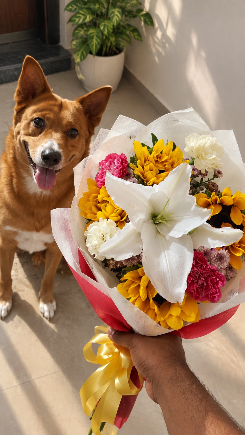 A brown dog beside a colorful bouquet of flowers